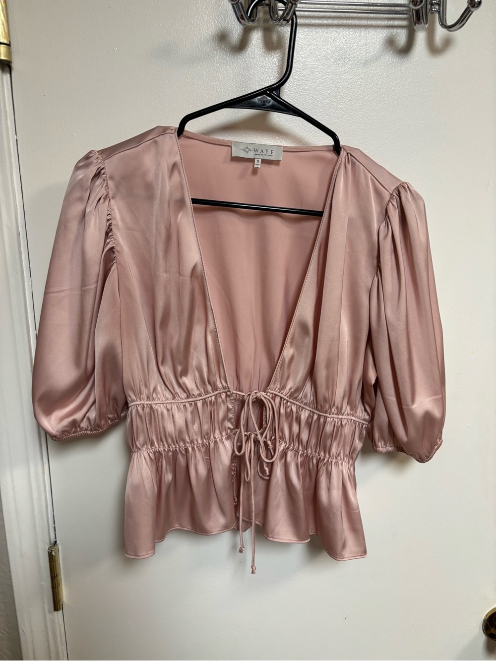 WAYF Blush Pink Satin Puff Sleeve Tie Front Peplum Top Size S